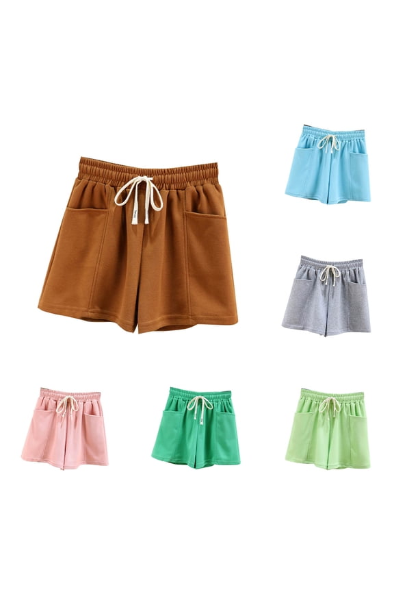 Women's Summer Casual Pocket High Waist Shorts Solid Color Drawstring Outer Wear Sports Shorts