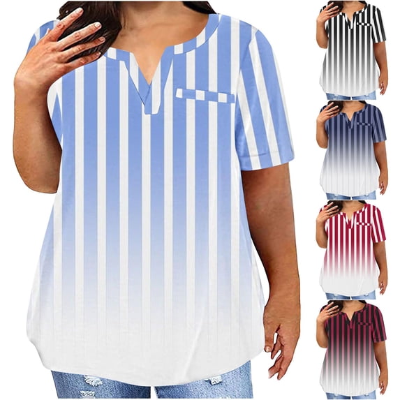 Bvxeep Women's Summer Plus Size V-neck Short Sleeve T-shirt Gradient Stripe Print Top