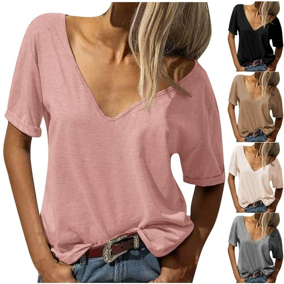 Bvxeep Women's T-shirt Solid Color Loose Casual V-neck Short Sleeve