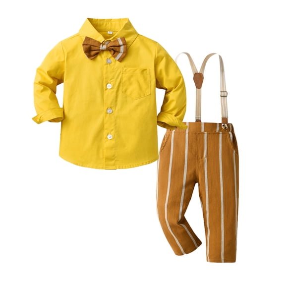 Bwdbhd Baby Suit Suit for Boys Wedding Formal Suit with Dress Shirt Suspender Pant for Toddler Boys Yellow,3-4 Years