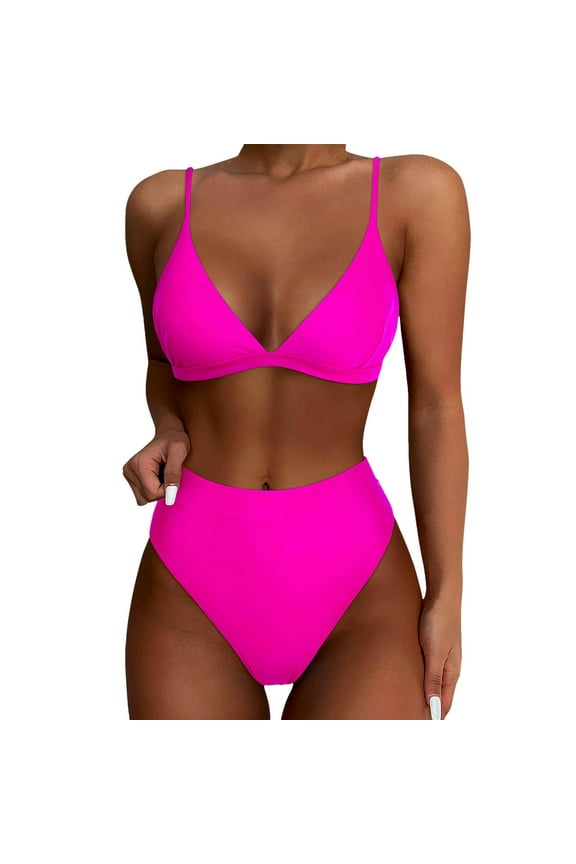 Bikini Set Women's Two Piece Bikini Swimsuit Ribbed Triangle Top Bathing Suits String Cheeky Bikini Sets Hot Pink,XL