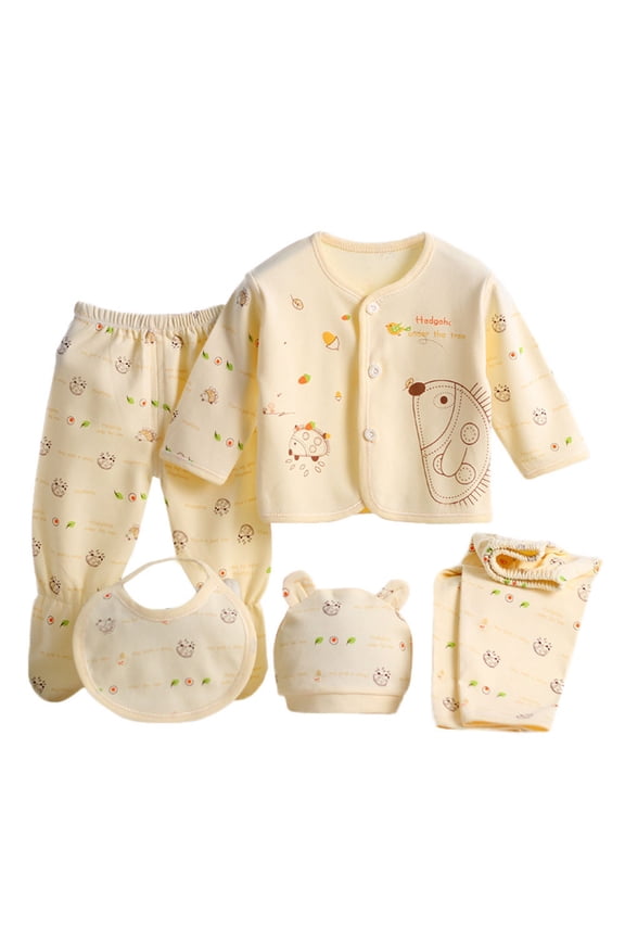 Boy Cotton Clothes Long Sleeve Tops+Hat+Pants+Bib Baby Gift Set 5PCS Yellow,One Size