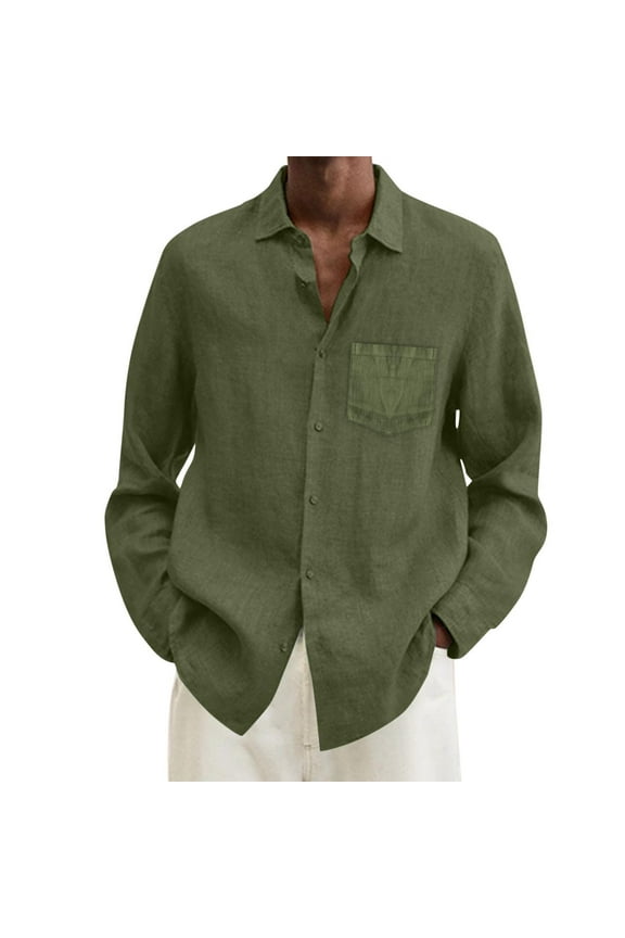 Button Down Shirt Dress Shirts for Men Male Summer Cotton Solid Color Casual Plus Size Loose Turn Down Collar Long Sleeve Tops Men AG,M