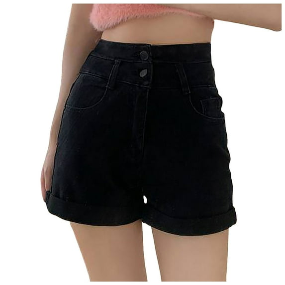 Bwdbhd Denim Shorts Women's Flap Pocket Denim Cargo Shorts High Waisted Skinny Slim Jean Shorts Women Shorts Black,L