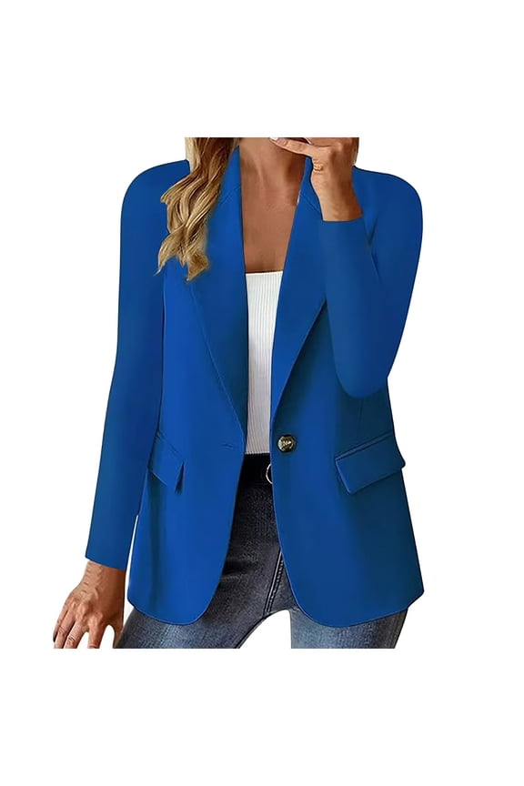 Fall Blazers for Women 2024 Women's Casual Long Sleeve Blazer Lapel Button Slim Work Office Jacket Blue,XL