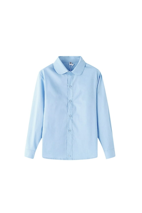 Girls Shirts Big Girls Dress Shirt School Uniform Button-down Shirt with Collar Long Sleeve Blouses Blue,6-7 Years