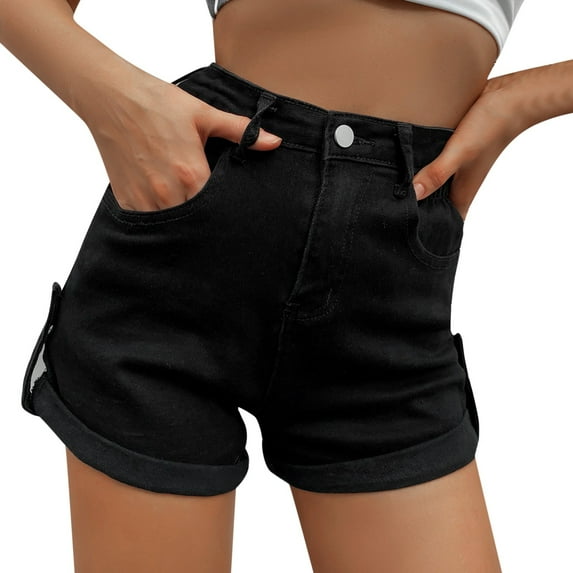 Bwdbhd Jean Shorts Womens High Waisted Denim Shorts for Women Mid Rise Ripped Jean Shorts Stretchy Folded Hem Hot Short Jeans Black,L