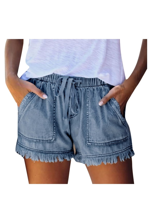 Jean Shorts Womens Washed Denim Shorts Pull On Casual Drawstring Hem Loose Jean Shorts Blue,L