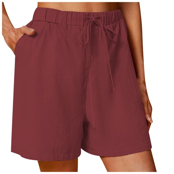 Bwdbhd Linen Shorts for Womens Casual Shorts Cargo Lightweight Hiking Shorts Waist Drawstring Summer Lounge Shorts with Pockets Red,3XL
