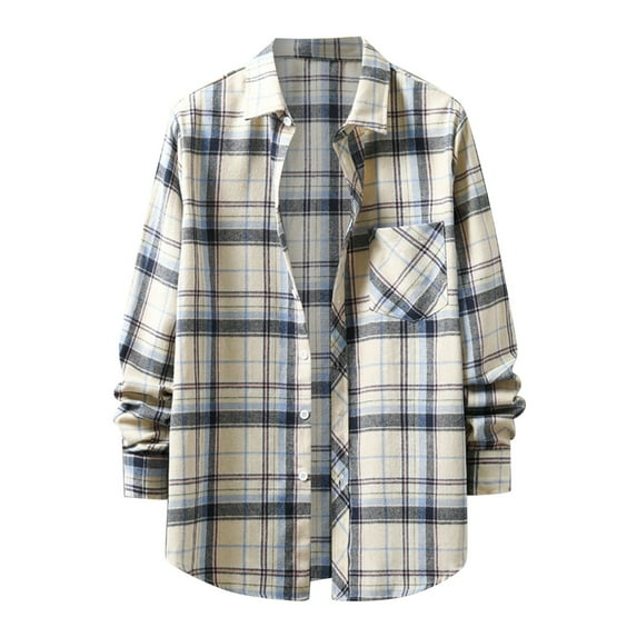 Bwdbhd Men's Lightweight Jackets Men's Casual Cotton Plaid Shirts Long Sleeve Button-Down Flannel Overshirt Jacket Beige,L