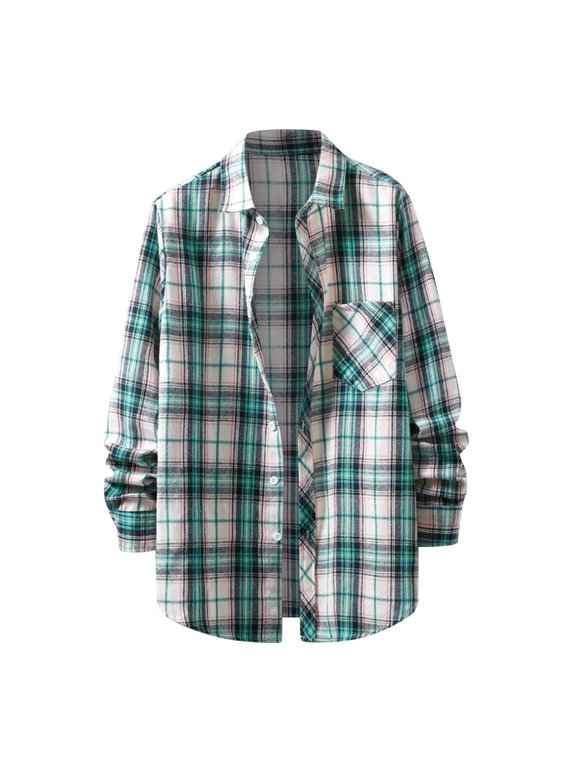 Men's Lightweight Jackets Men's Casual Cotton Plaid Shirts Long Sleeve Button-Down Flannel Overshirt Jacket Dark Green,L