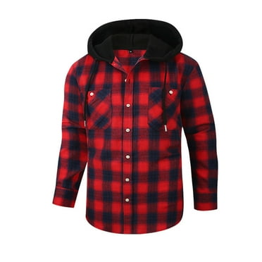 Bwdbhd Mens Flannel Hoodie Shirts Casual Long Sleeve Hoodie Shirt Jacket for Men Button Down Flannel Plaid Shackets with Hood Red,XL