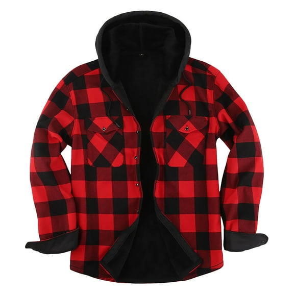 Bwdbhd Mens Jackets Lightweight Men's Full Zip Hooded Flannel Jacket Button Cotton Plaid Jacket Outdoor Coat for Men Red,M