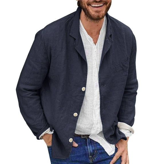 Bwdbhd Mens Winter Jacket Men's Slim Fitting Linen Jacket Cotton Lightweight Button Blazer Casual Sport Button-Down Coat Lightweight Work Shacket Navy,2XL