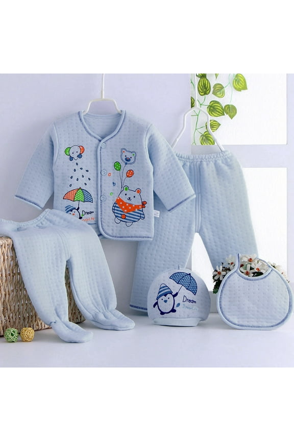 New Born Babies Gift Set 5 Pieces Baby Boy Stuff Pure Cotton Clothing Set Casual New Born Baby Clothes Set Blue,One Size
