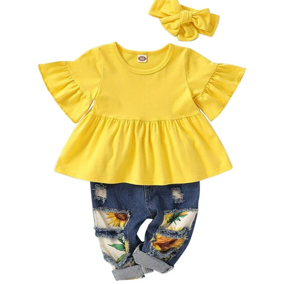 Bwdbhd Toddlers Girls Clothing Baby Girl Bell Bottom Outfit Ruffle Short Sleeve Cute Pants Set Cute Clothes 3PCS C,18-24 Months