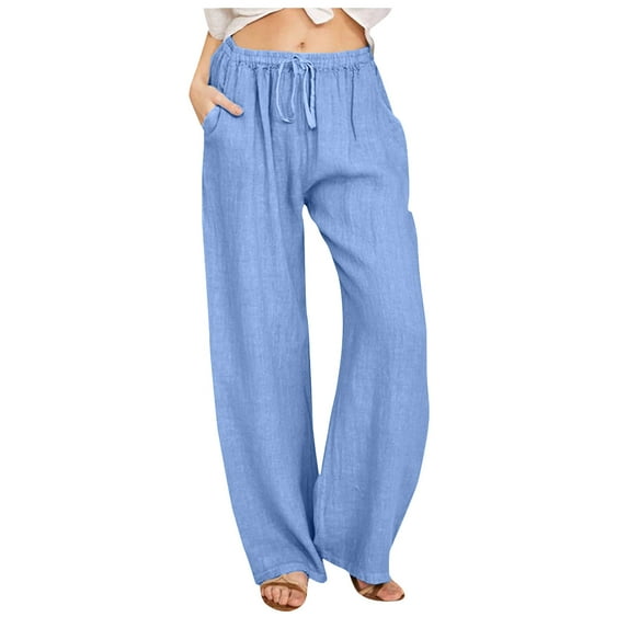 Bwdbhd Wide Leg Pants for Women Lightweight Cotton Linen Drawstring Waist Loose Solid Color Lounge Trousers Blue,S