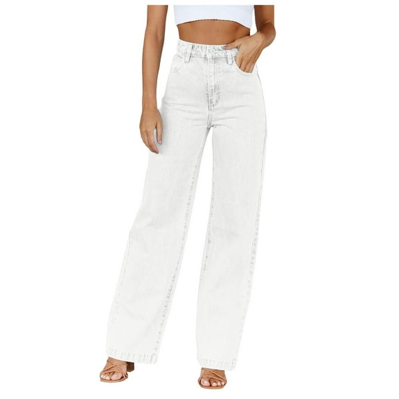 Bwdbhd Women Jeans Loose Jeans for Women High Waisted Slim Straight Stretchy Denim Long Pants Welt Pockets Casual Jeans White,XL