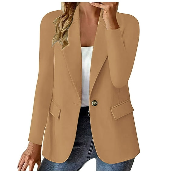 Bwdbhd Womens Blazers for Work Casual Women Casual Slim Business Blazer Suit, Women's Solid Color Casual Fashion Long-sleeved Cardigan Jacket Coat Top Khaki,2XL