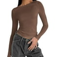 thumbnail image 1 of Bwdbhd Womens Long Sleeve Tops Womens Tops Trendy Dressy Casual Long Sleeve Crewneck Basic T Shirts Loose Blouses Outfits Brown,XS, 1 of 4