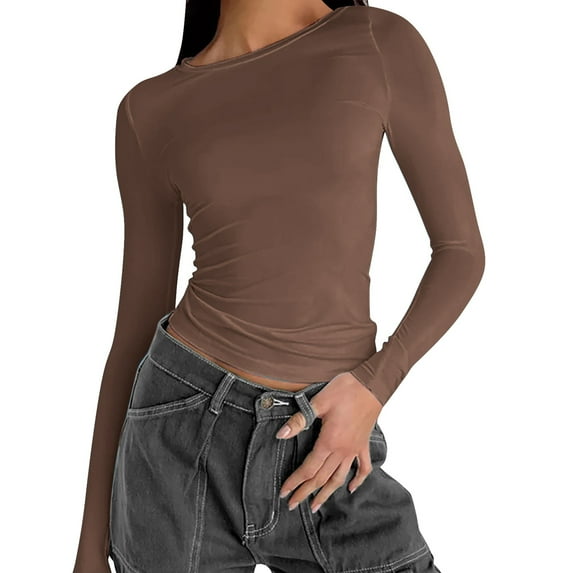 Bwdbhd Womens Long Sleeve Tops Womens Tops Trendy Dressy Casual Long Sleeve Crewneck Basic T Shirts Loose Blouses Outfits Brown,XS