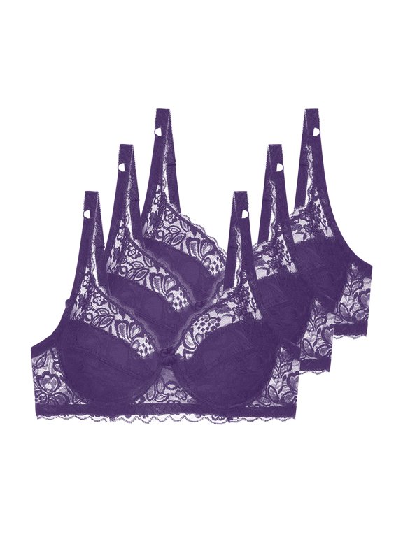 3 Pack Women's Push Up Bra Mesh Deep V Underwire Bras Solid Color Breathable Floral Lacey Everyday Bra, Purple, 80B
