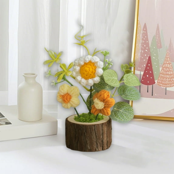 Bwiyojiz Fall Decorations for Home, Crochet Flowers Artificial Potted Plants For Office Desk Car Dashboard Decor Gifts For Women Handmade Knitted Flowers Home Decoration, Birthday Gifts