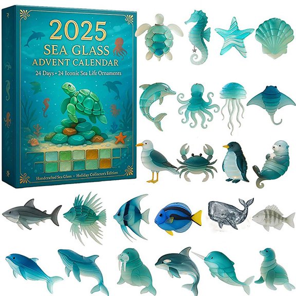 Bwiyojiz Home Decor 2025 Sea Glass Life Advent Calendar 24 Days -themed Christmas Countdown with Adorable Realistic Animals Decoration for Collectors, Christmas Gifts, Blue