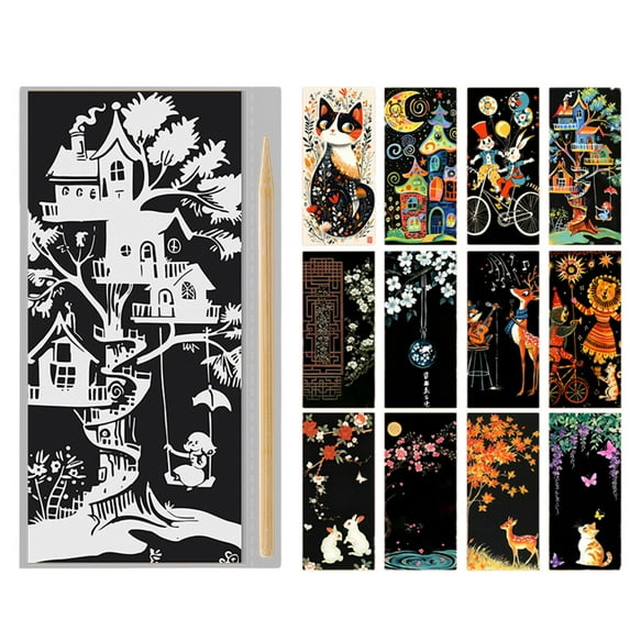 Bwiyojiz Home Decor Christmas Decorations Count 12pcs Scratchboard Crafts for and Adults Paper Colorful Engraving Painting Scenario Set 12 Sheets with 1 Tool, Gifts for Sisters, Multicolor