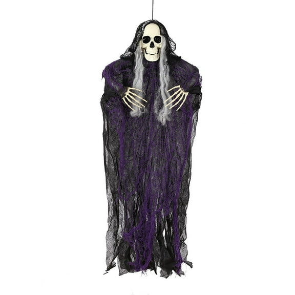 Bwiyojiz Living Room Decor Christmas Decoration Supplies Halloween Hanging Skeleton Ghost Decorations 47.24in Led Light up Red Eyes Grim Reapers with Hair for Indoor Outdoor, Gifts for Friend