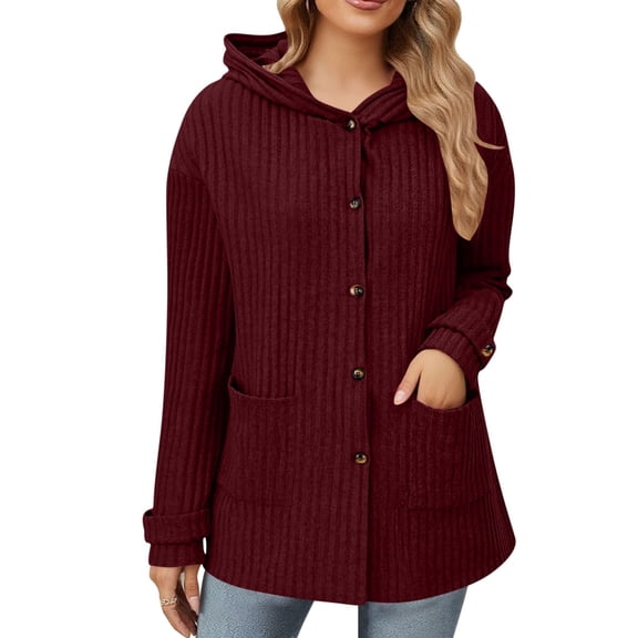 Bwndum Layerable Soft Stretch Womens Wine Hooded Cardigan - Button-Front with Pockets Mid-Length Lightweight Casual Wear (S-XXL),Size S