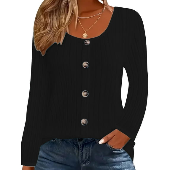Bwndum Plus Size Black Cardigan for Women - Ribbed Knit Square Neck, Long Sleeve Button Front, Lightweight Polyester, XL-5XL,Size 4XL