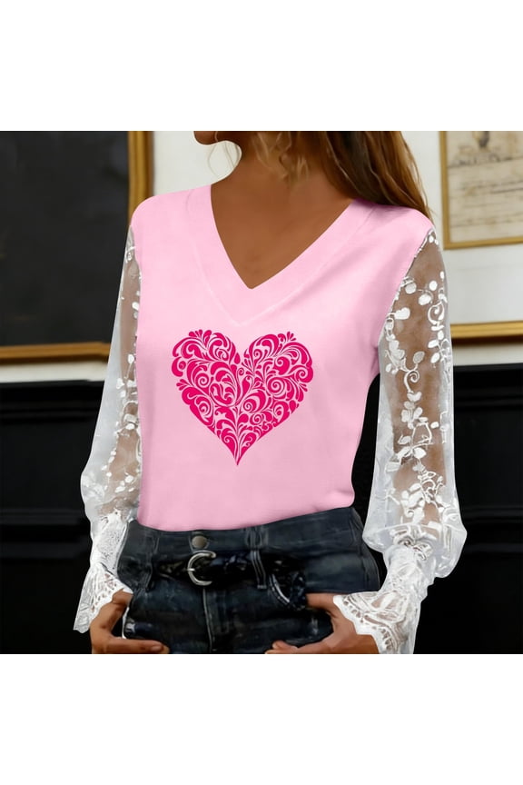 Romantic Womens Pink Heart Print Blouse with Sheer Lace Sleeves, Comfy V-Neck Casual Top,Size M
