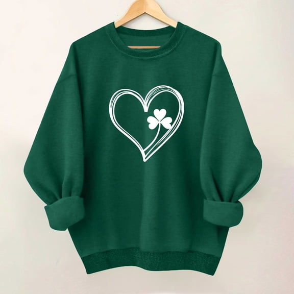 Bwndum St Patrick's Day Womens Sweatshirt, Dark Green Shamrock & Heart Graphic, 100% Polyester Relaxed Fit Crewneck, Lucky Irish Heritage Top (S-XXL),Size M