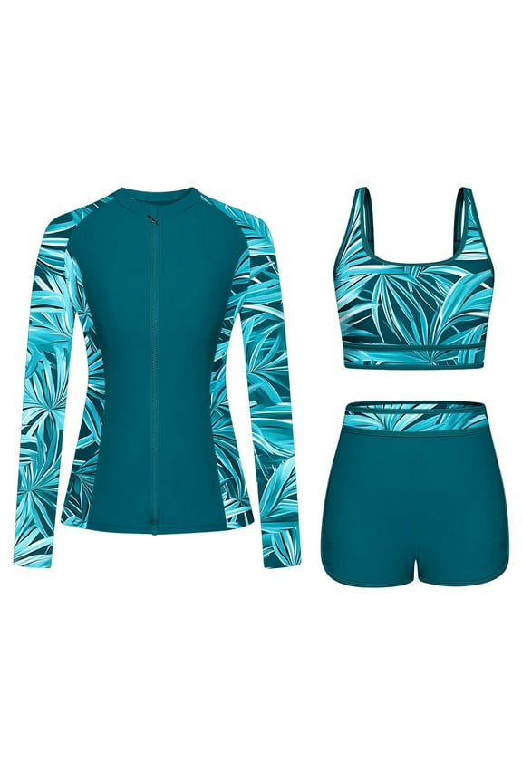 Surfing Swimsuit for Women 3PC Quick-dry Rash Guards Tummy Control Bathing Suit Hawaii Printed Tankini Swimsuits Green