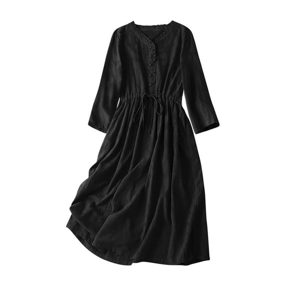 Bwndum Women's Long Sleeve Cotton Dress, A-Line High Waist Casual Vintage Midi Dress with Drawstring, Half-Button Loose Fit Fall Dress Black L