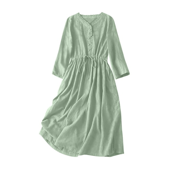 Bwndum Women's Long Sleeve Cotton Dress, A-Line High Waist Casual Vintage Midi Dress with Drawstring, Half-Button Loose Fit Fall Dress Green S