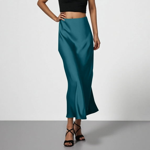 Bwndum Women's Satin Midi Skirt - Elegant Casual High Waisted Warp Skirts for Party Semi-Formal Green M