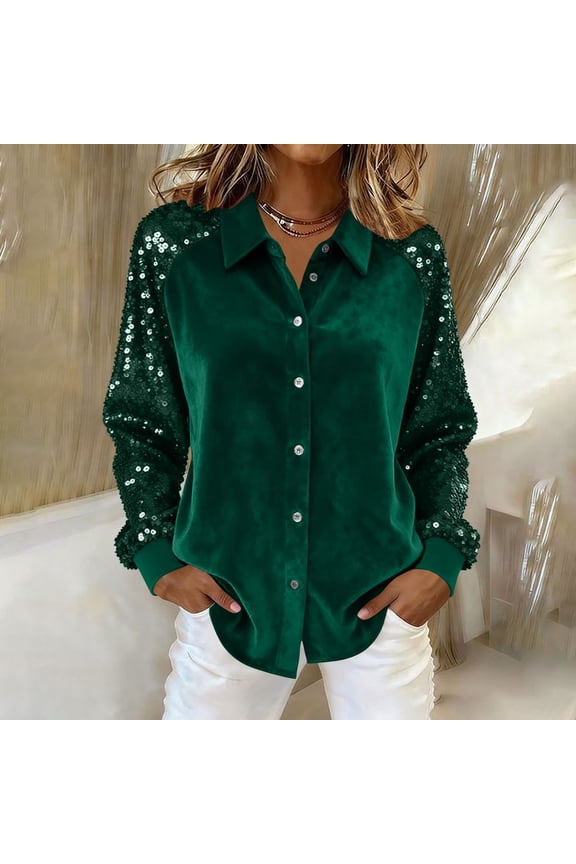 Womens Army Green Sequin Sleeve Velvet Blouse, Button-Front Collared Relaxed Fit Dressy Casual Top for Office & Parties, 100% Polyester, S-XXL,Size XL