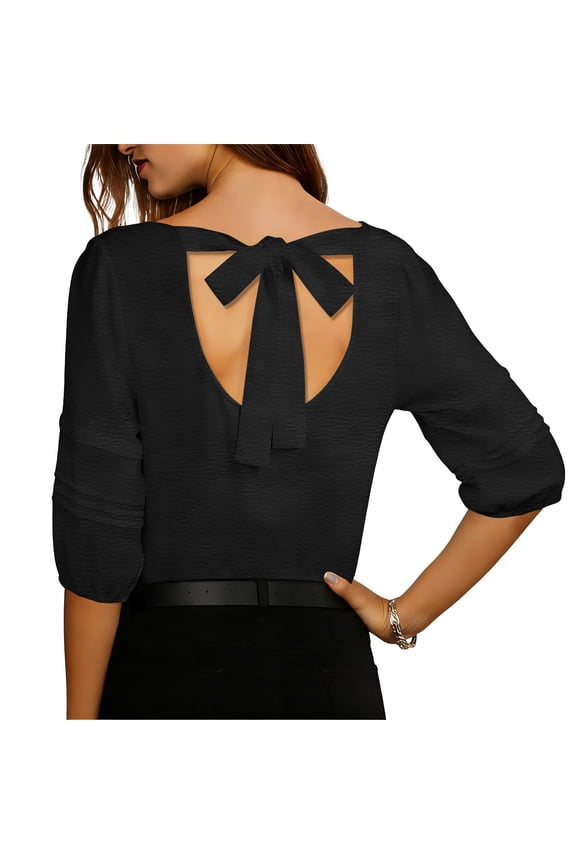 Womens Black Blouse 3/4 Sleeve Keyhole Back Bow Relaxed Fit Wrinkle Resistant Lightweight Casual Top,Size M