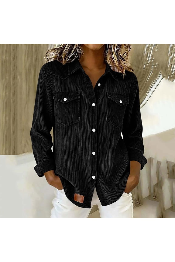 Womens Black Corduroy Western Shirt, Relaxed Fit Long Sleeve Button-Up Top with Snap-Flap Pockets,Size 2XL