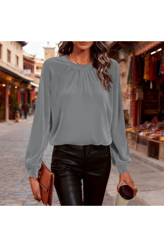 Womens Boucle Knit Top | Long Sleeve V-Neck Blouse, Pearl Button Work Shirt for Women - Gray Fall Top,Size M