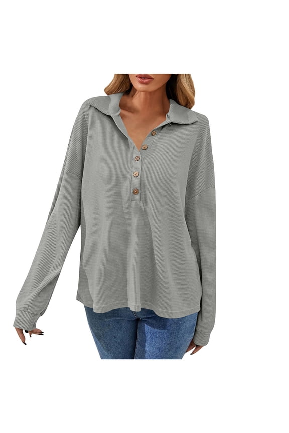 Womens Gray Oversized Long Sleeve Polo Crop Top, 100% Polyester Casual Shirt with Gold Trim Collar & Half-Button Placket, Versatile Daily Wear for Women S-XXL,Size S