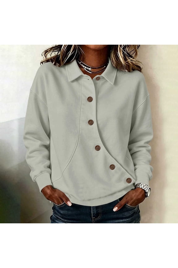 Womens Henley Oversized Sweatshirt - Button Front, Long Sleeve Gray,Size S