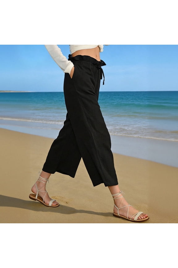 Womens High Waist Wide Leg Pants Black 100% Cotton Paper Bag Waist Cropped Casual Lounge Culottes Comfy Elastic Drawstring Ankle Pants,Size XL