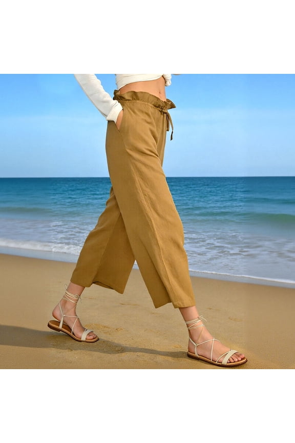 Womens High Waist Wide Leg Pants Cropped Culottes Khaki 100% Cotton Paper Bag Waist Comfy Lounge Pants Elastic Drawstring Casual Ankle Length,Size M
