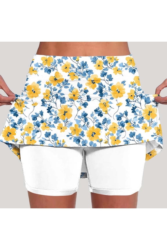 Womens High Waisted 2 in 1 Floral Skort with Built-in Shorts, Stretchy Polyester Spandex Golf Tennis Active Skirt, Plus Size S-XXXXL, White,Size XL