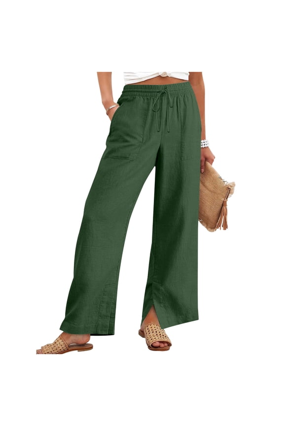 Womens High Waisted Wide Leg Pants Army Green Linen Cotton Blend Elastic Waist with Pockets Comfortable Casual Summer,Size M