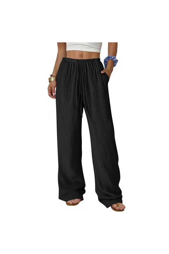 Womens High Waisted Wide Leg Pants Black - 100% Cotton Palazzo Lounge Pants with Elastic Waist & Pockets, Plus Size Casual Pull On Trousers,Size XL