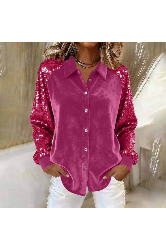 Womens Hot Pink Sequin Sleeve Velvet Blouse, Button-Front Collared Relaxed Fit Dressy Casual Top for Office & Gatherings, 100% Polyester, S-XXL,Size XL